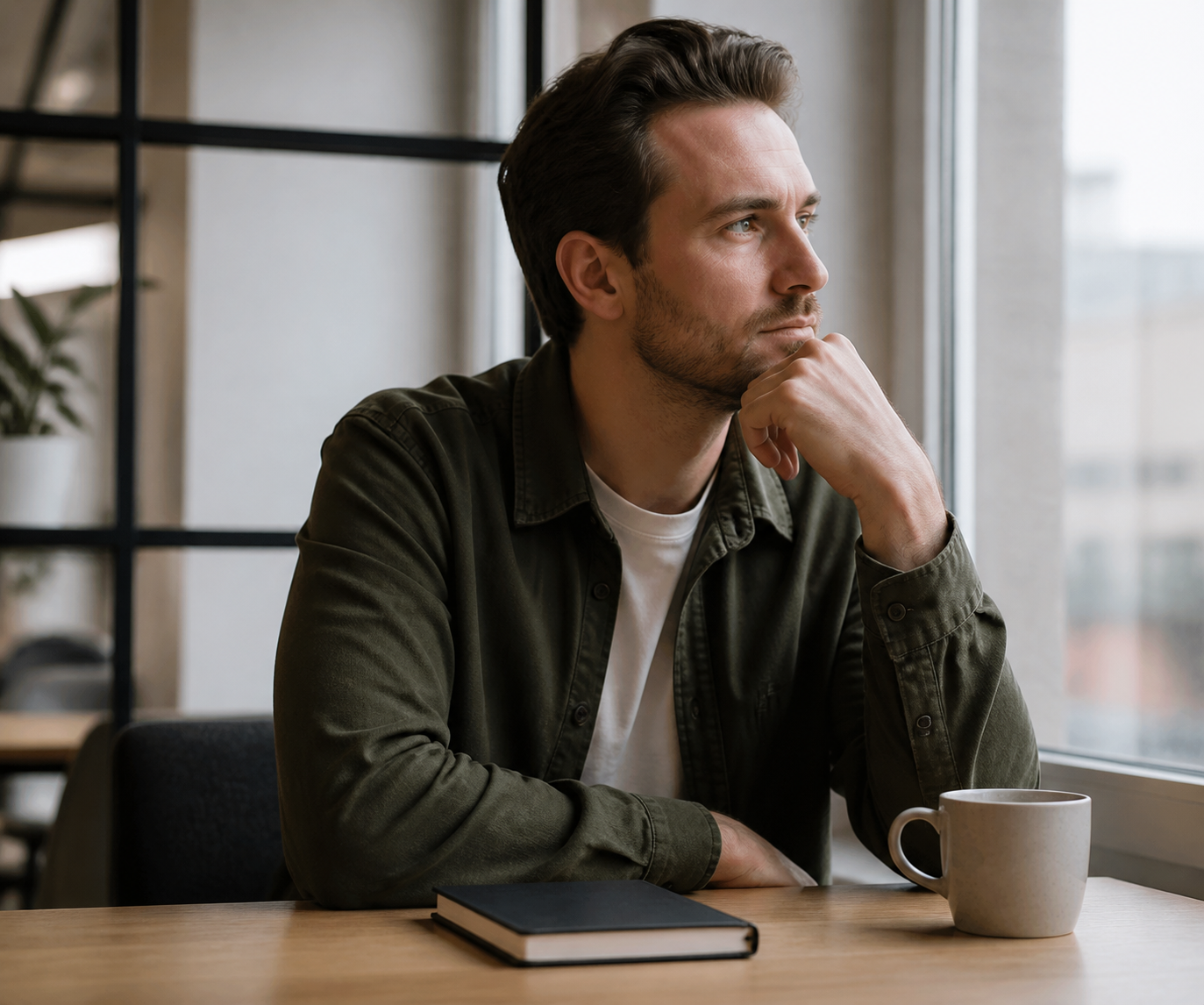 A professional sitting thoughtfully beside a bright window.
