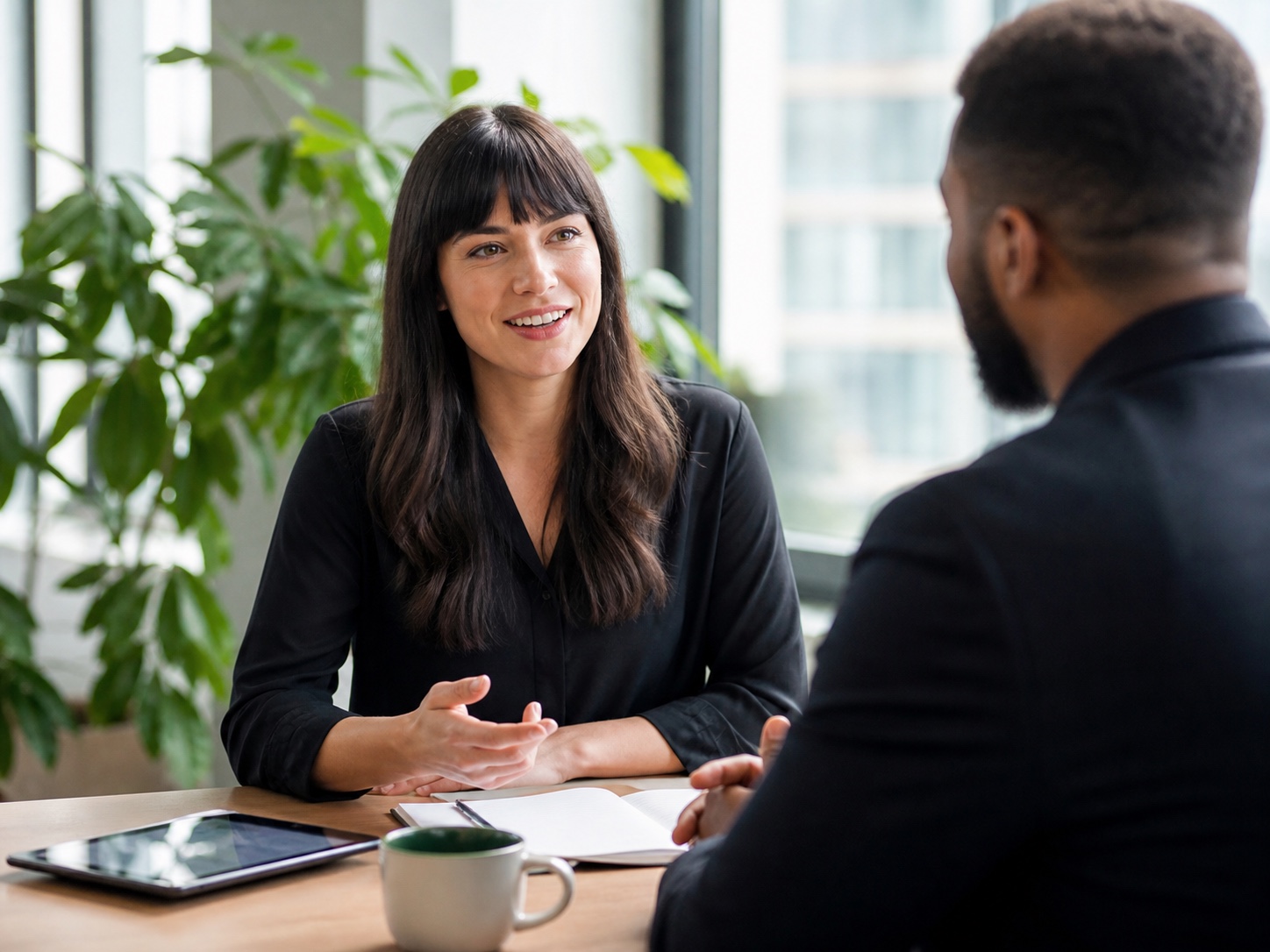 A candidate in conversation with a recruiter in a bright office.