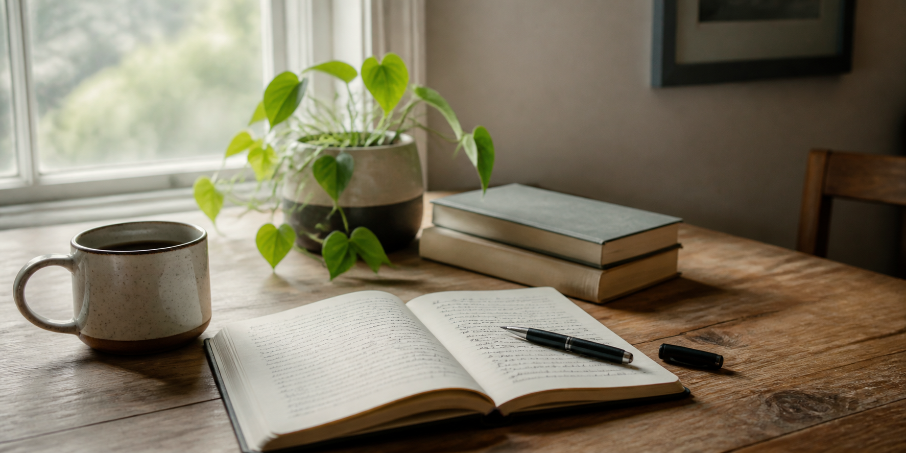 An open notebook, coffee, and plant on a wooden table by a window.
