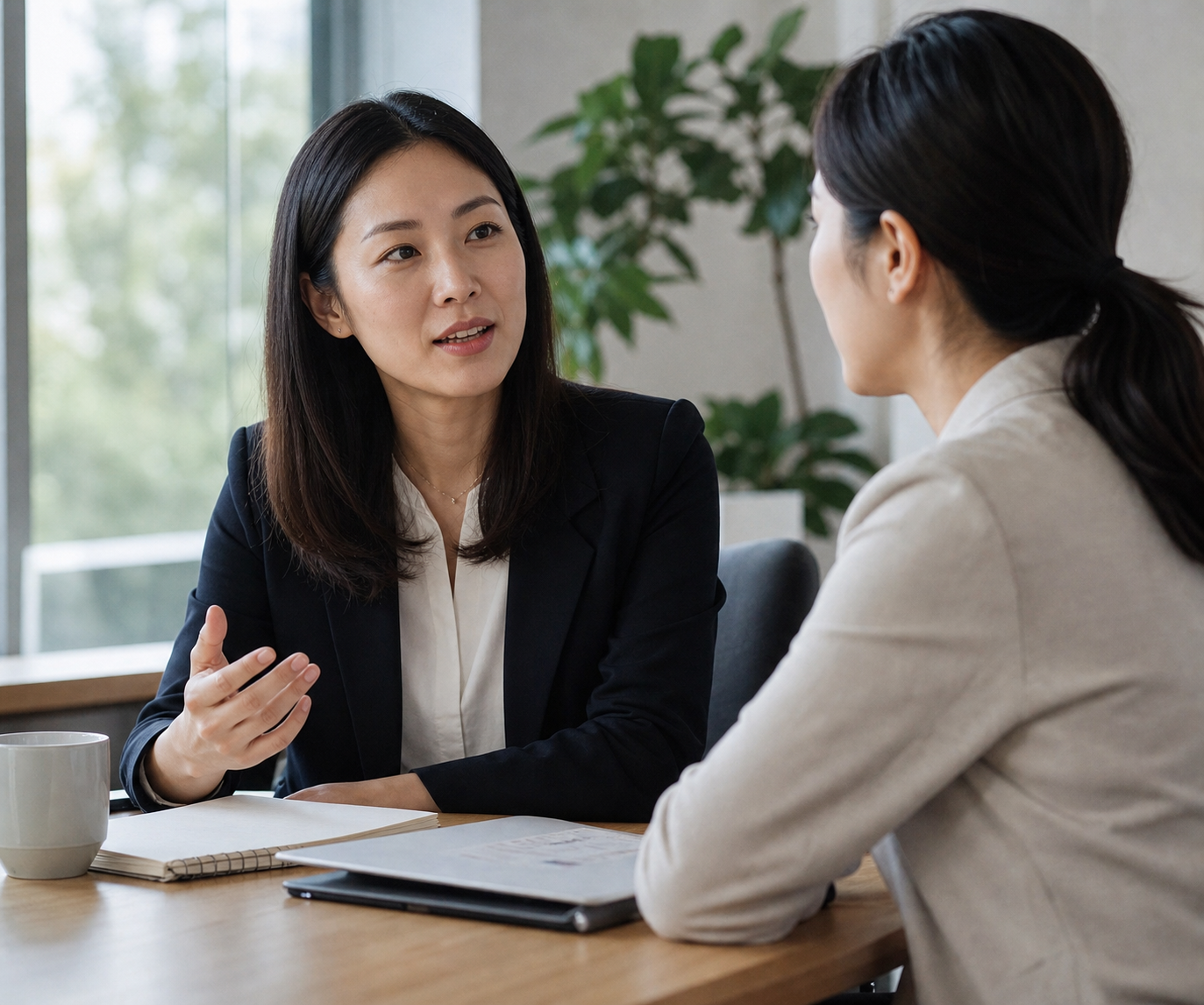Two colleagues discussing work at a table by a window.