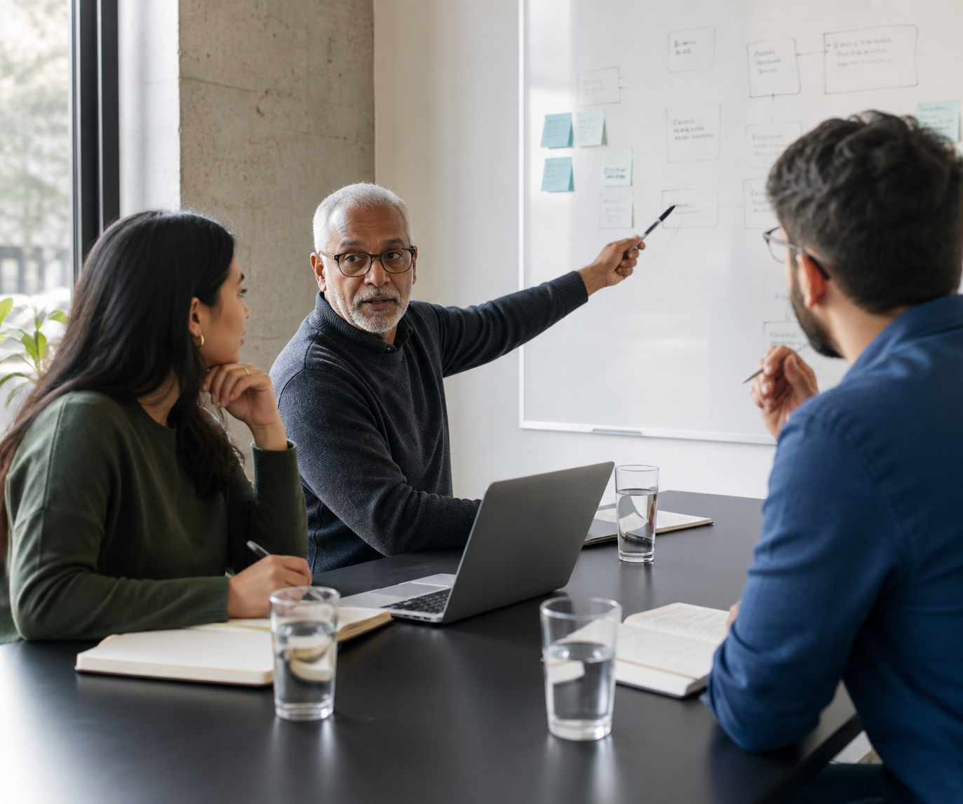 Three colleagues discussing a plan beside a whiteboard.