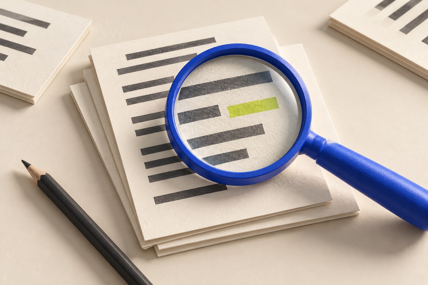 A cobalt magnifying glass highlights one lime-marked detail on a stack of cream document cards.