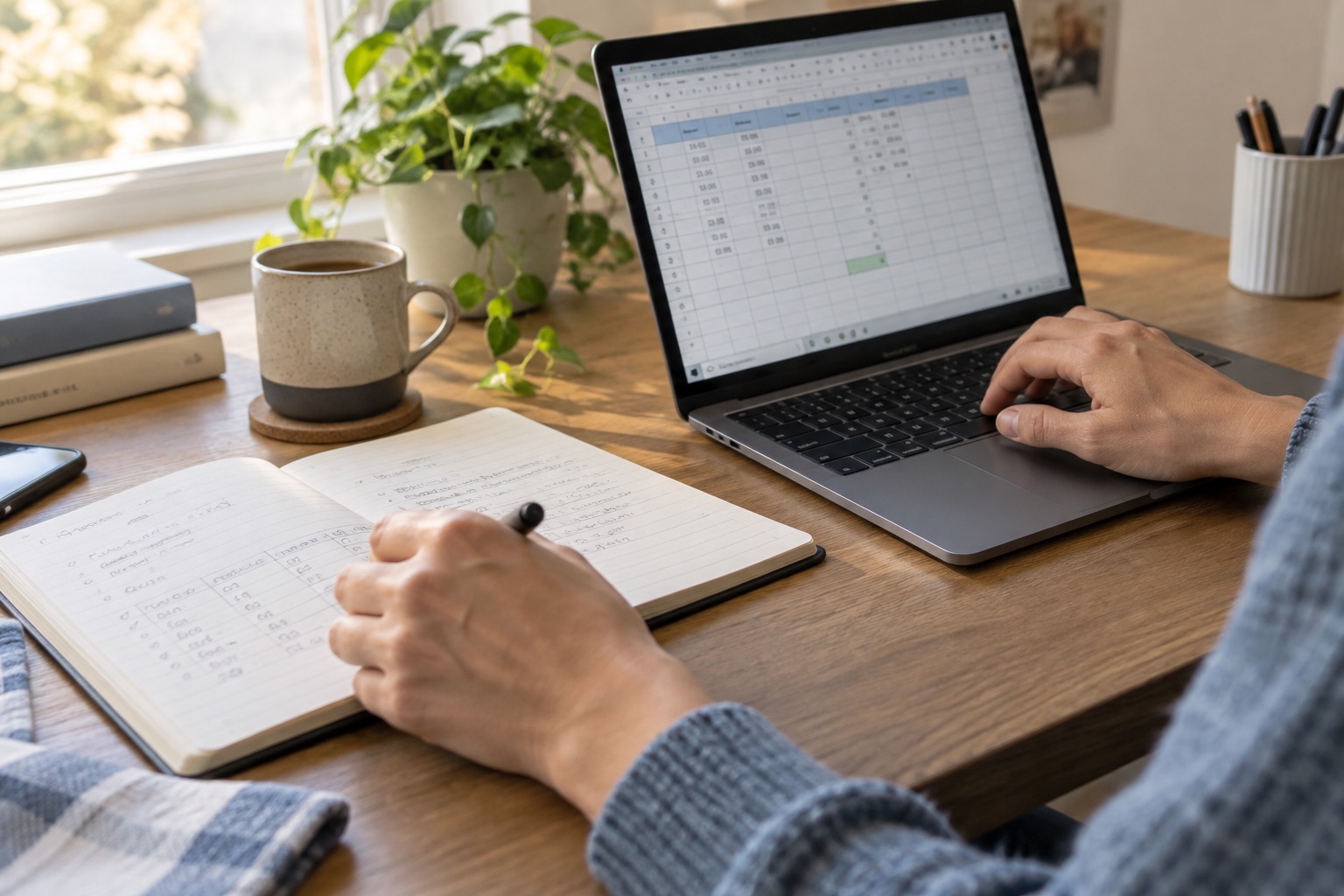 A learner checking a small spreadsheet exercise against handwritten notes.