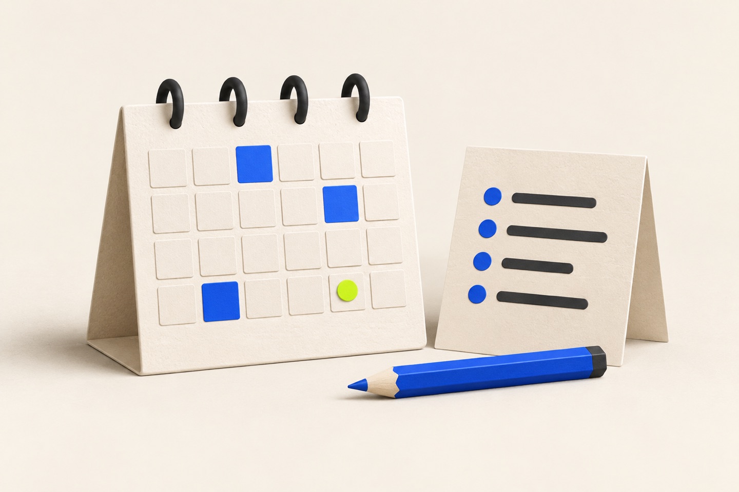 A cream desk calendar with cobalt milestones and a lime marker stands beside a four-line agreement card and blue pencil.