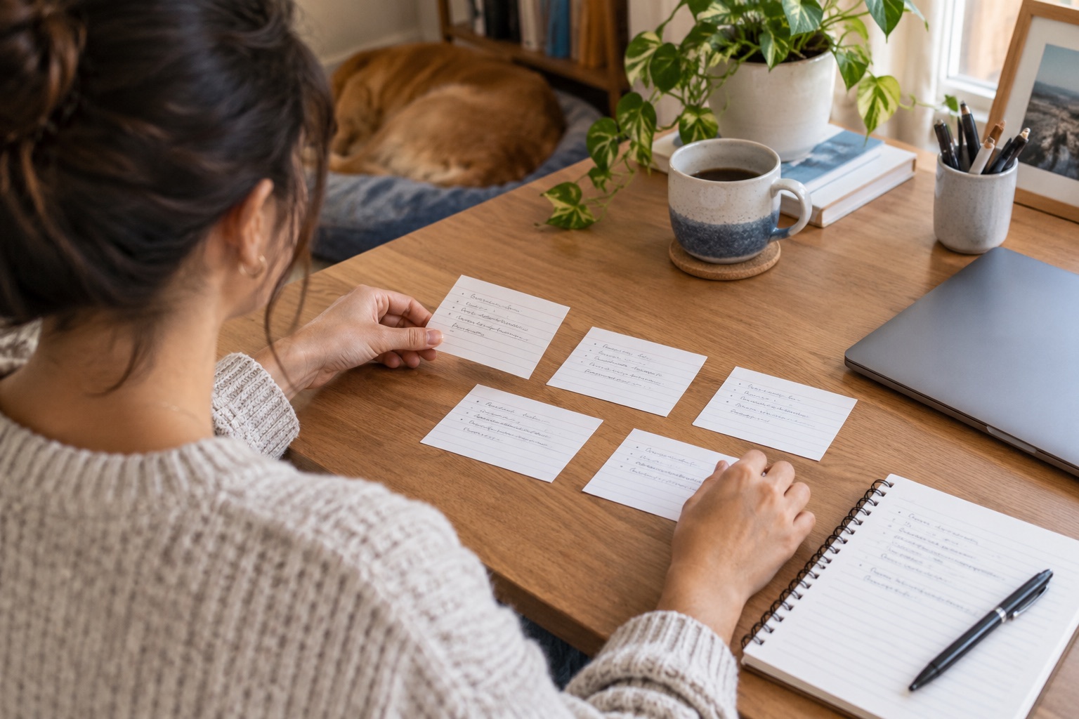 A professional arranging example cards and notes while preparing for an interview.