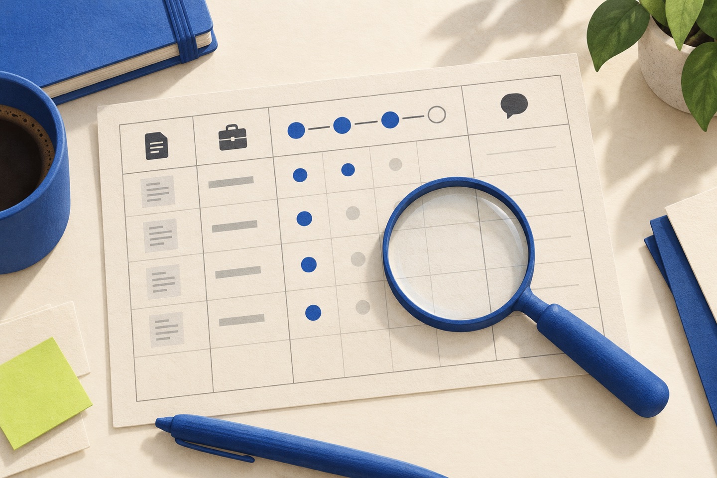 A blue magnifying glass over a cream application tracker, with blue stage markers and an empty response column.