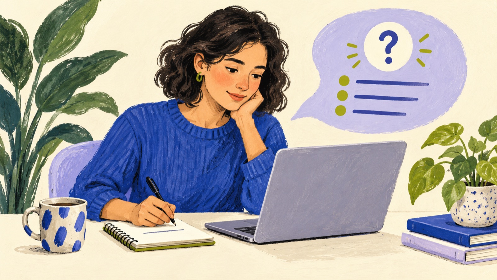 An illustrated professional reviews a laptop and writes a focused question in a notebook, beside a lavender feedback bubble.