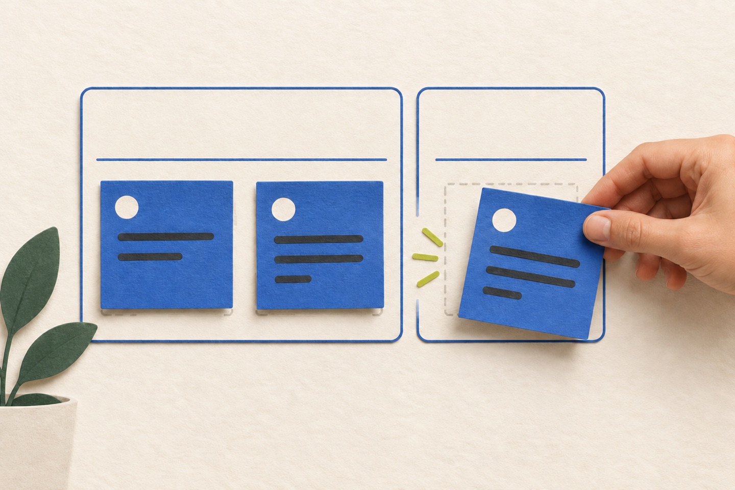 A hand moves a blue task card into a separate planning slot beside two already occupied slots.