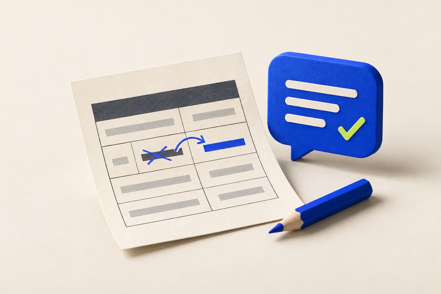 A cream report sheet with a blue correction sits beside a cobalt speech bubble with a lime check mark and a blue pencil.