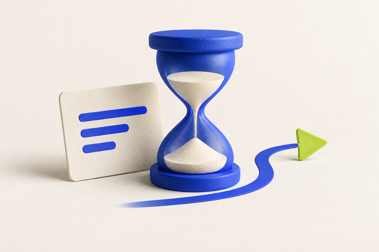 A cobalt hourglass beside a cream message card, with a blue path and lime arrow continuing forward.