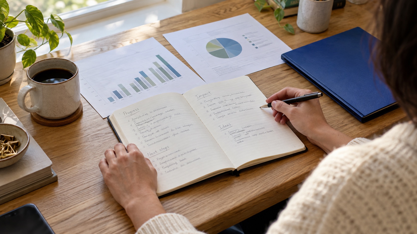 A professional reviewing notes and project results before a promotion conversation.