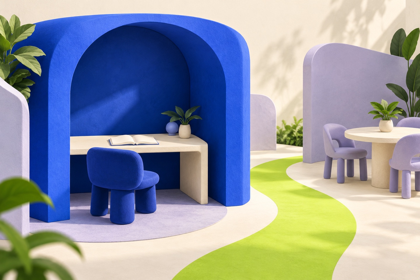A blue focus alcove with an open notebook beside a lime-green path to a shared work table.