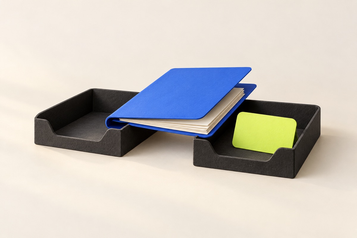 An open blue folder spans two charcoal document trays, with a lime-green task card ready in the receiving tray.