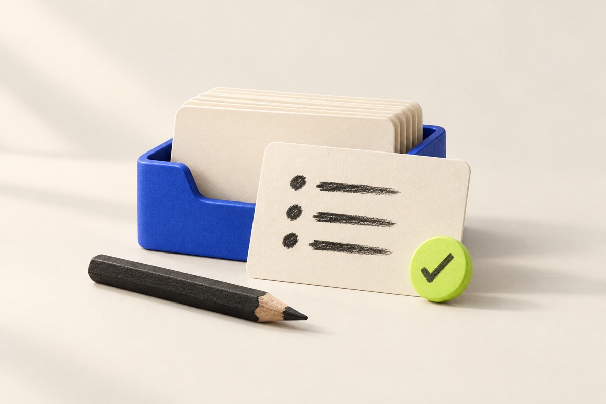 A blue tray of cream index cards beside a pencil and a lime-green check token, representing a small record of useful work.